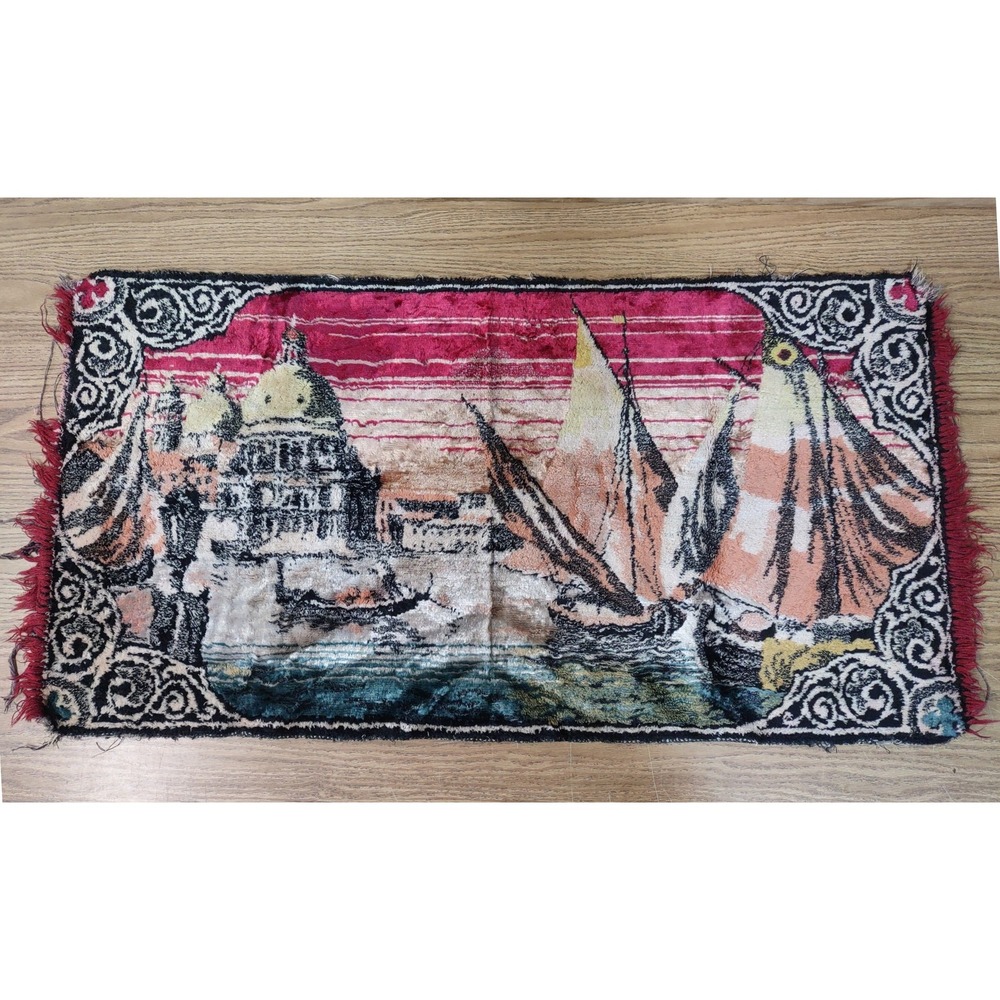 Vintage Velvet Tapestry Venice Sailboat Wall Hanging Scenic Nautical Decor 38x19